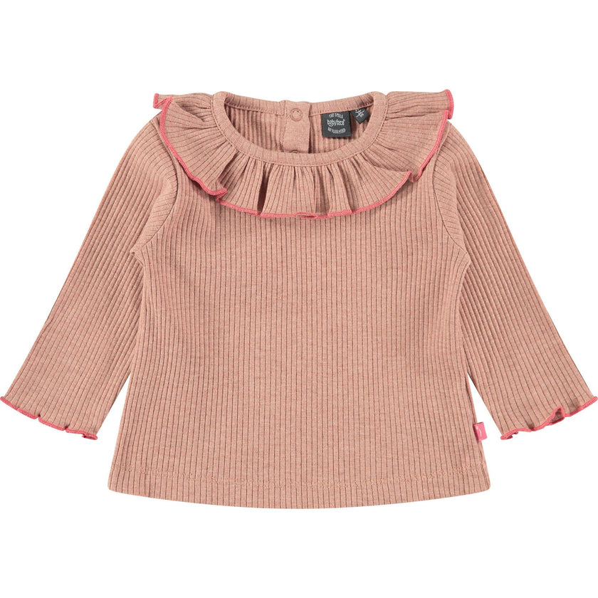 Ribbed Long Sleeve T-Shirt with Ruffled Collar
