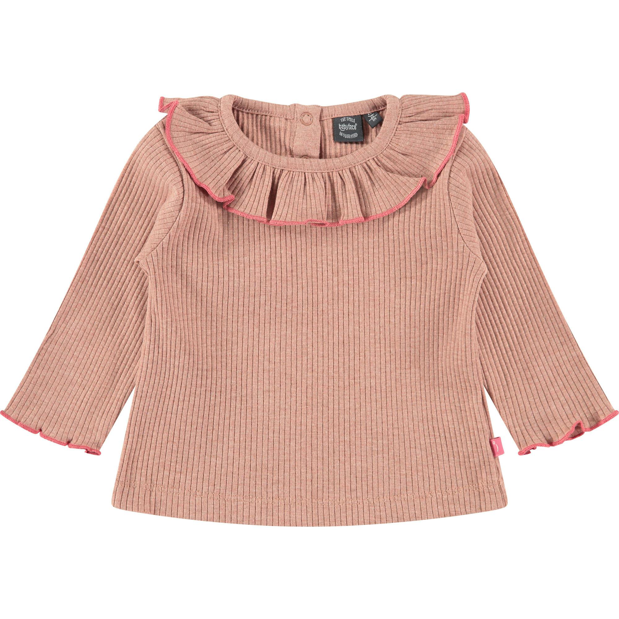 Ribbed Long Sleeve T-Shirt with Ruffled Collar