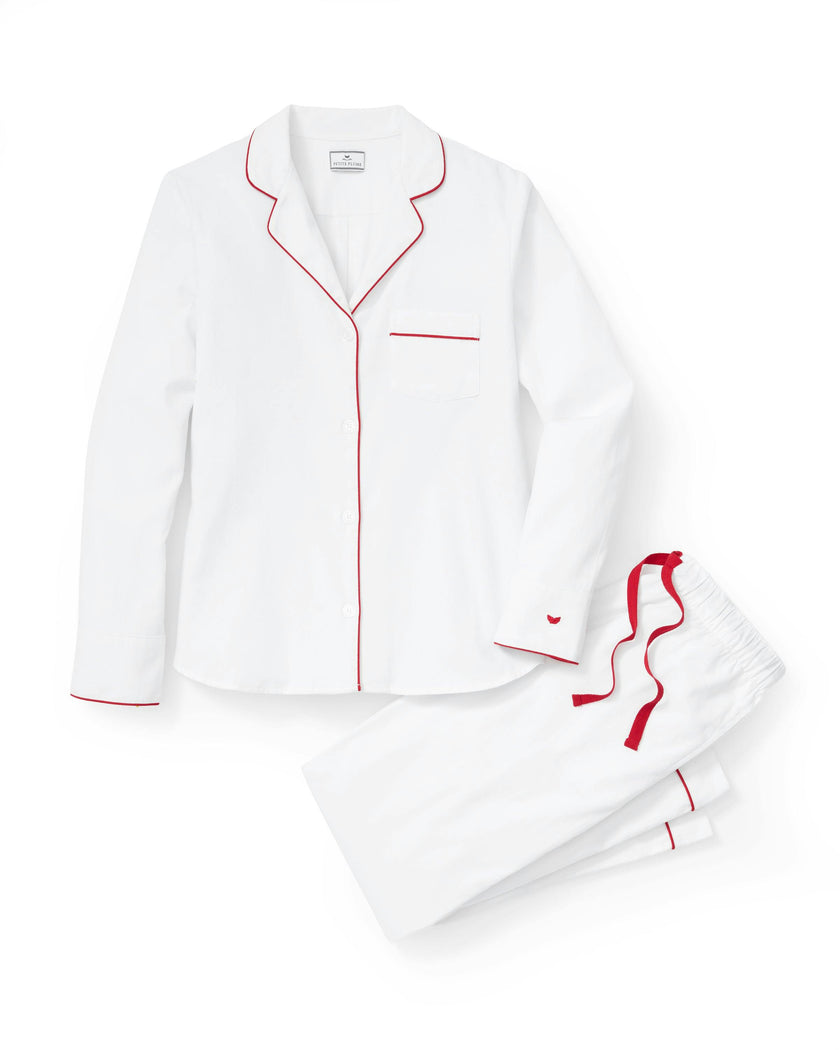 Women's Twill Pajama Set in White with Red Piping