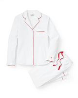 Women's Twill Pajama Set in White with Red Piping