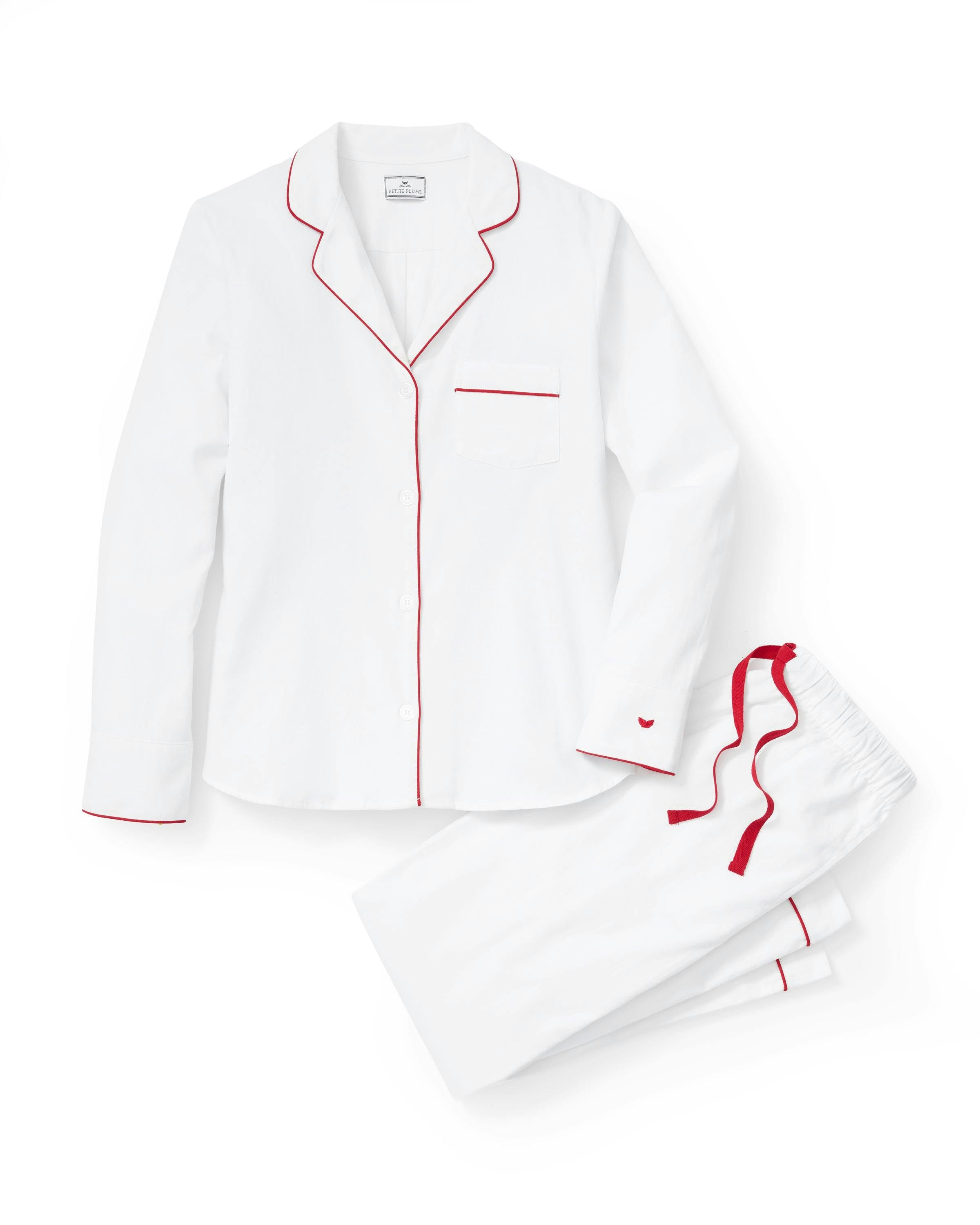 Women's Twill Pajama Set in White with Red Piping
