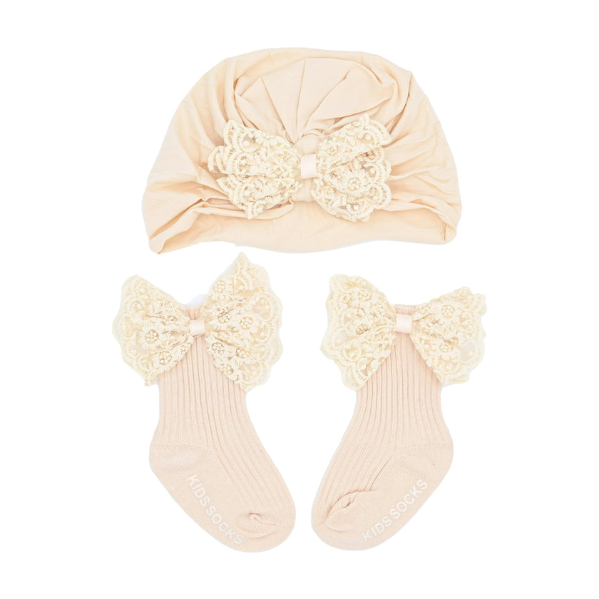 Lace Bow Hat & Sock Gift Set