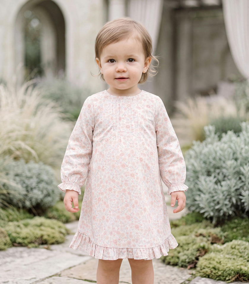 Elise Baby Dress Long Sleeves, Flowery Light Pink