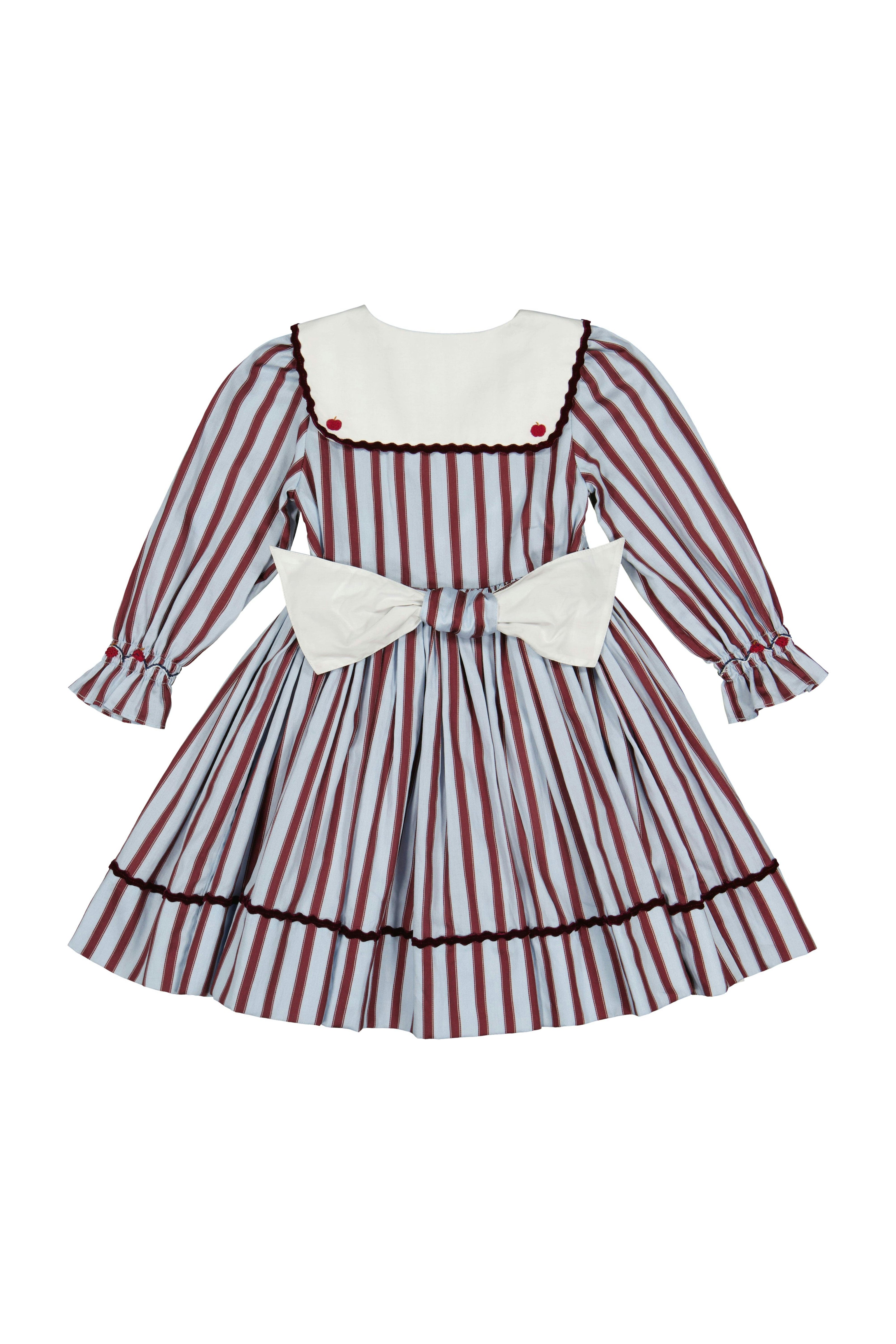 MARINE STRIPE BLUE BURGUNDY SMOCKED DRESS