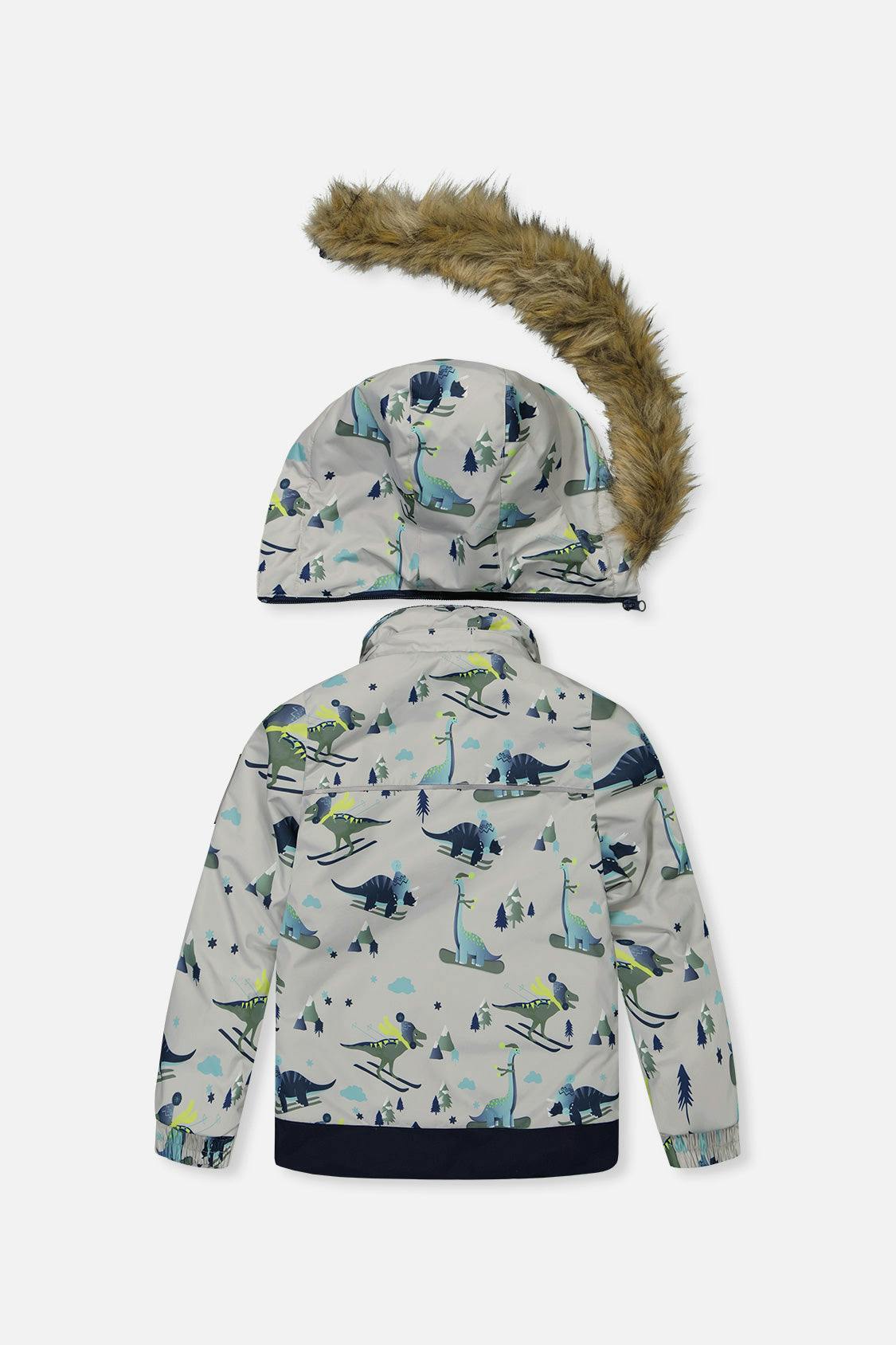 Two Piece Discover Snowsuit Grey Skiing Dinosaur Print