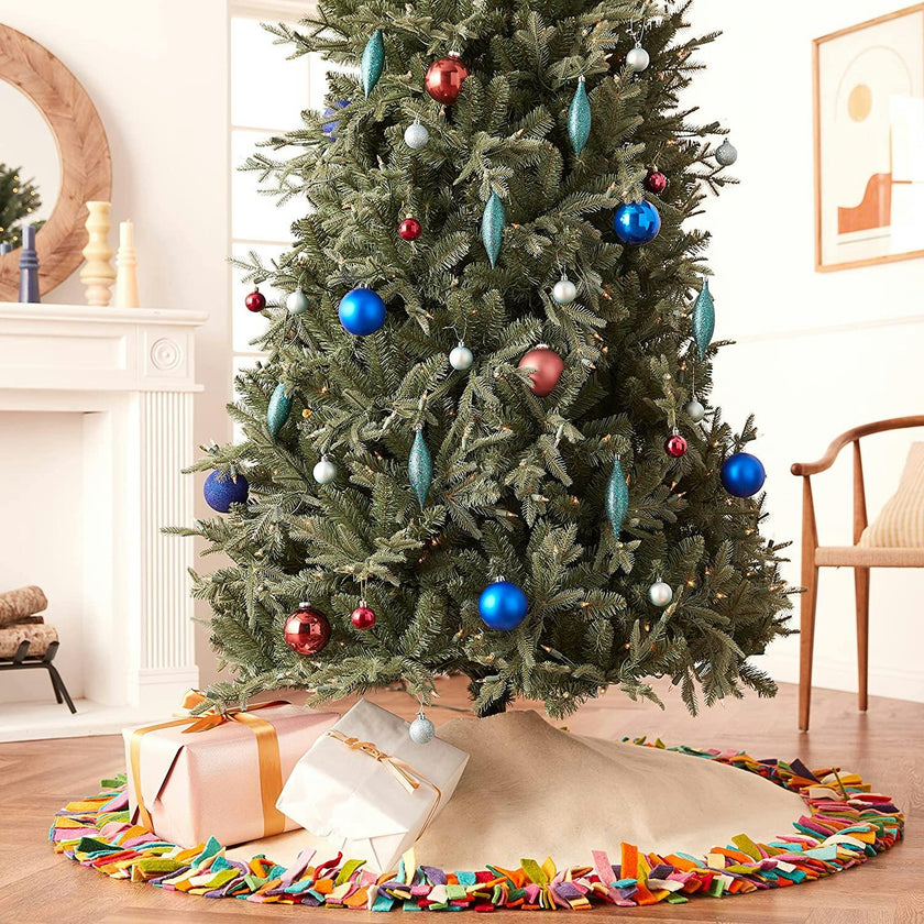 Handmade Felt Multicolor Fringe Border Cream Christmas Tree Skirt - 51" / 72"