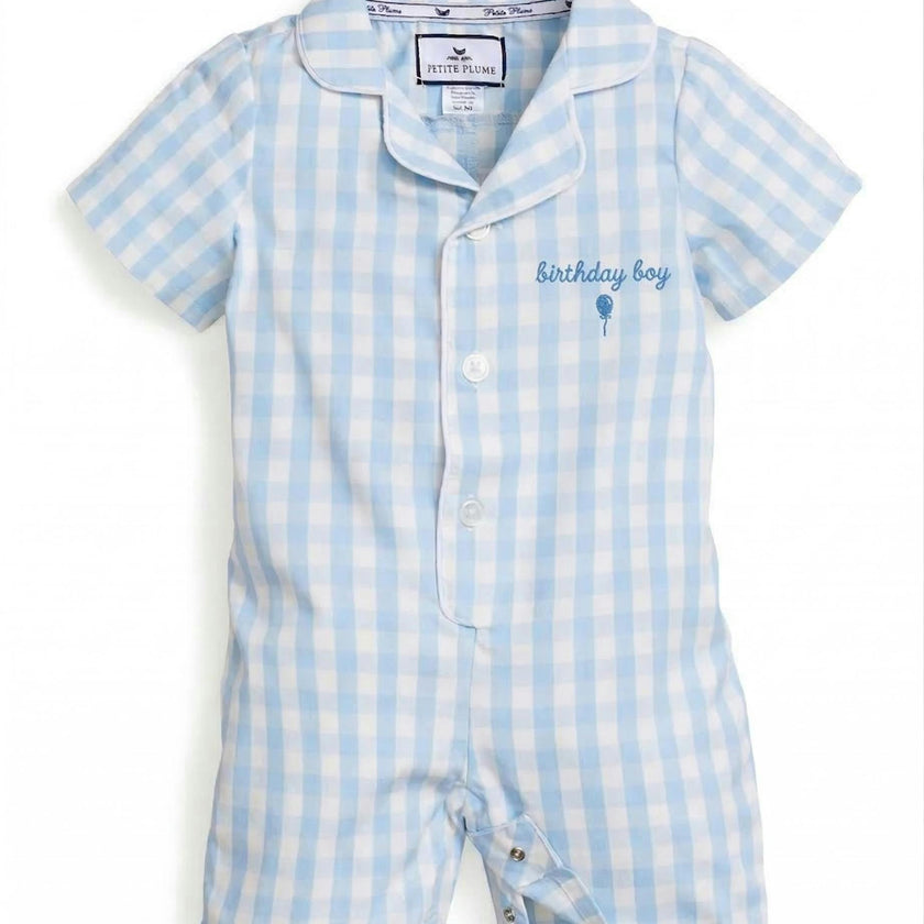 Baby's Twill Blue Gingham Romper 'Birthday Boy'
