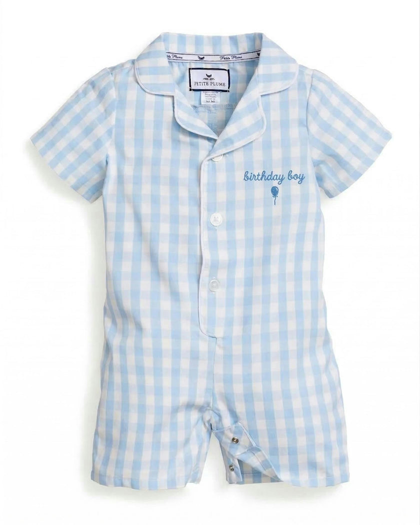 Baby's Twill Blue Gingham Romper 'Birthday Boy'