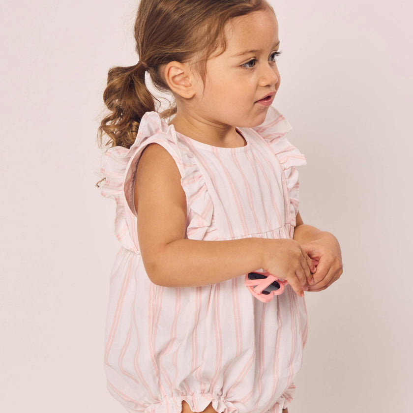 Baby's Twill Stripe Ruffled Romper in Pink and White Stripe