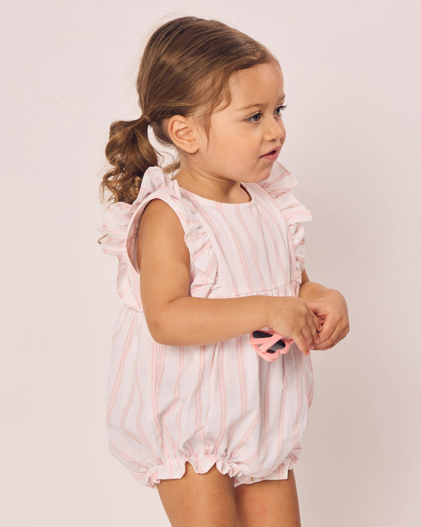 Baby's Twill Stripe Ruffled Romper in Pink and White Stripe