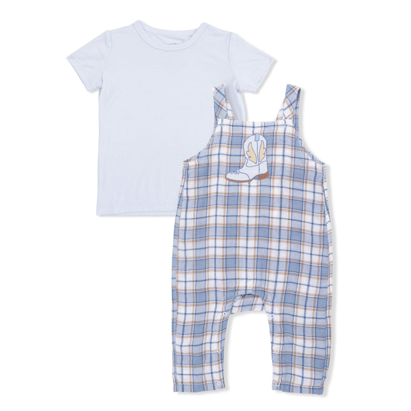 Western Boot Plaid - Crew Neck Tee with Overalls