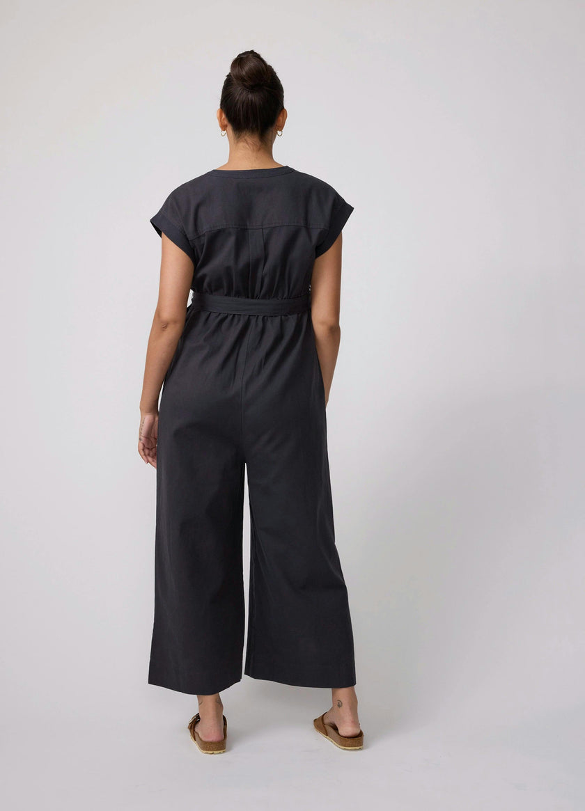 Short Sleeve Wide Leg Linen Maternity Jumpsuit