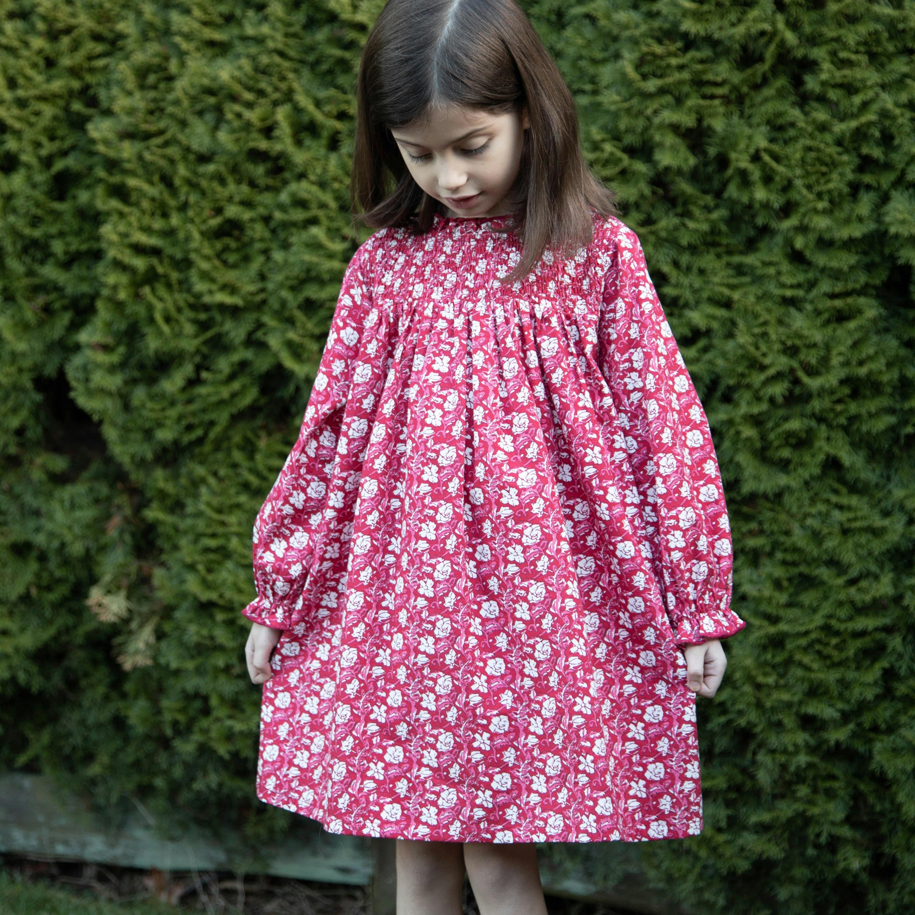Girls Floral Print Smocked Long Sleeve Dress
