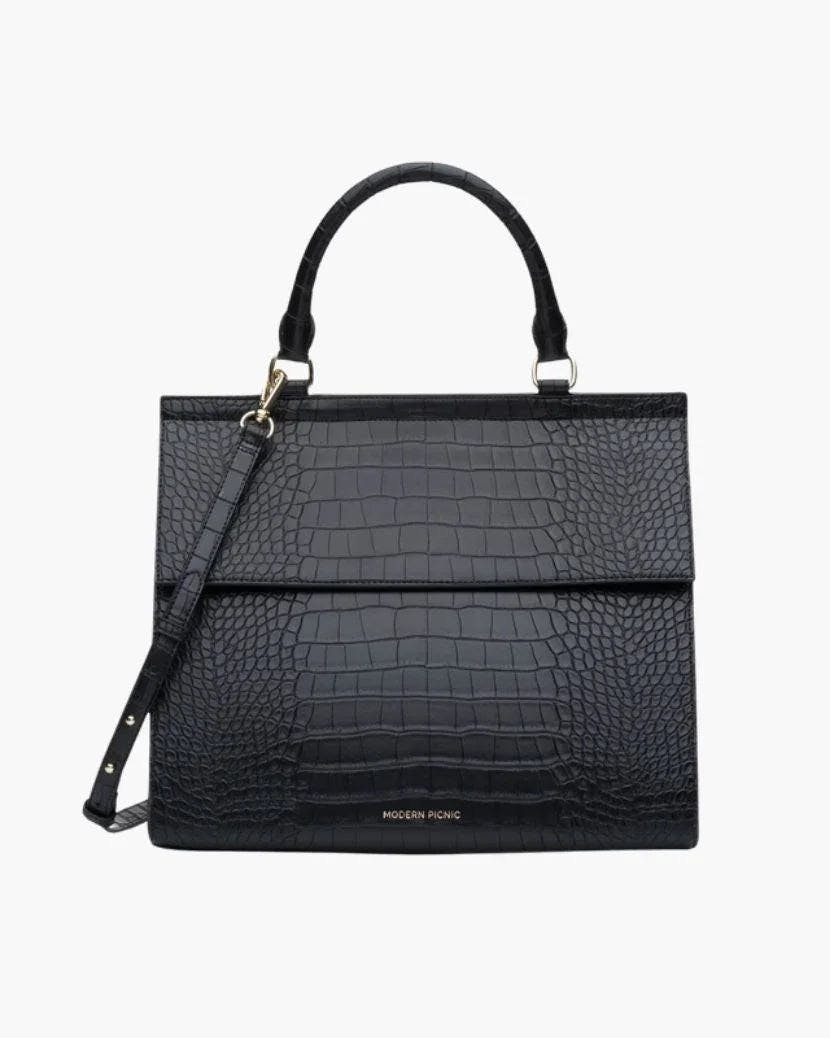 Large, Insulated, Chic Lunchbox, Black Croc