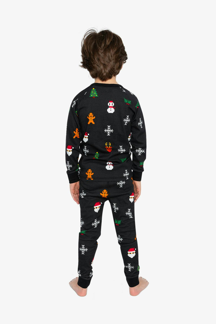 Organic Cotton Two Piece Pajama Set Black Christmas Pixel Print