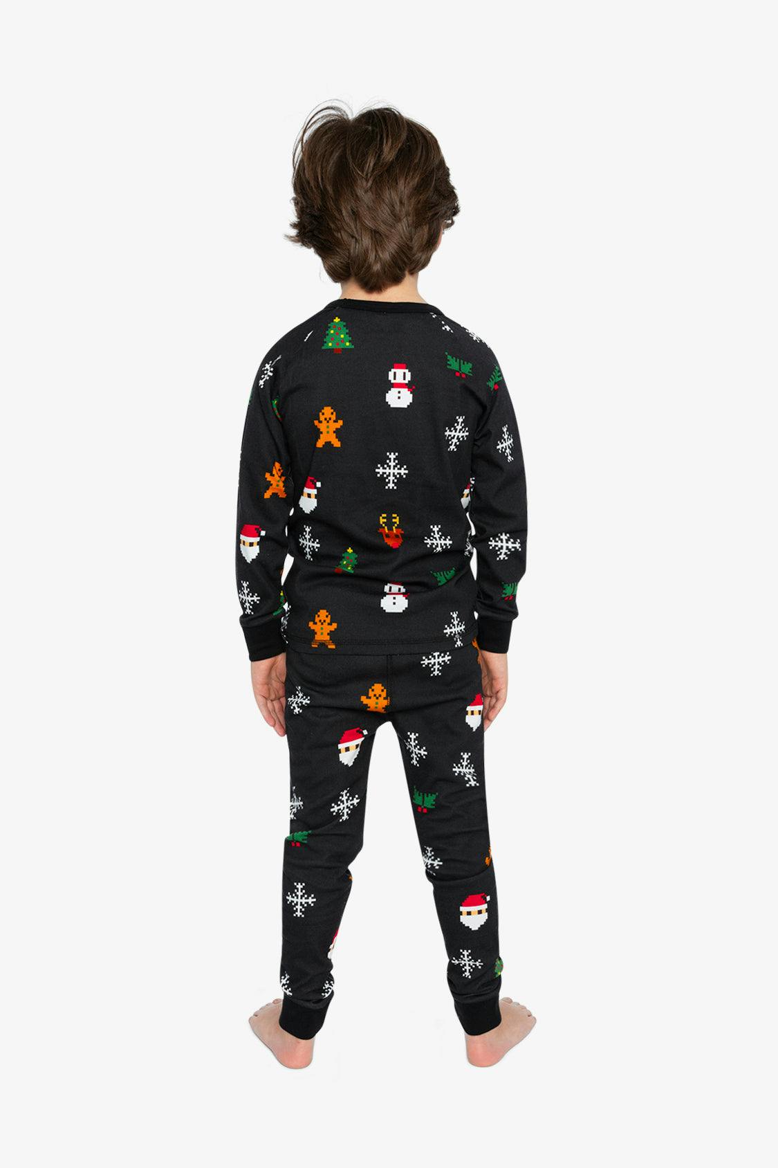 Organic Cotton Two Piece Pajama Set Black Christmas Pixel Print