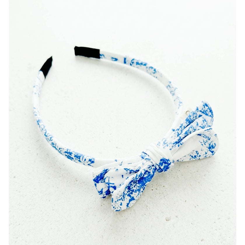 Three Little Bows Headband- Blue Toile
