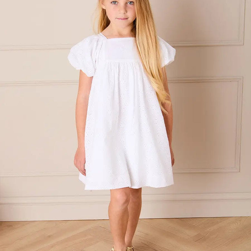 Flower Embroidered Broderie Anglaise Short Sleeve Dress in White (12mths-12yrs)