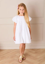 Flower Embroidered Broderie Anglaise Short Sleeve Dress in White (12mths-12yrs)