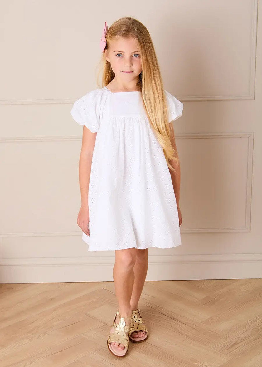 Flower Embroidered Broderie Anglaise Short Sleeve Dress in White (12mths-12yrs)