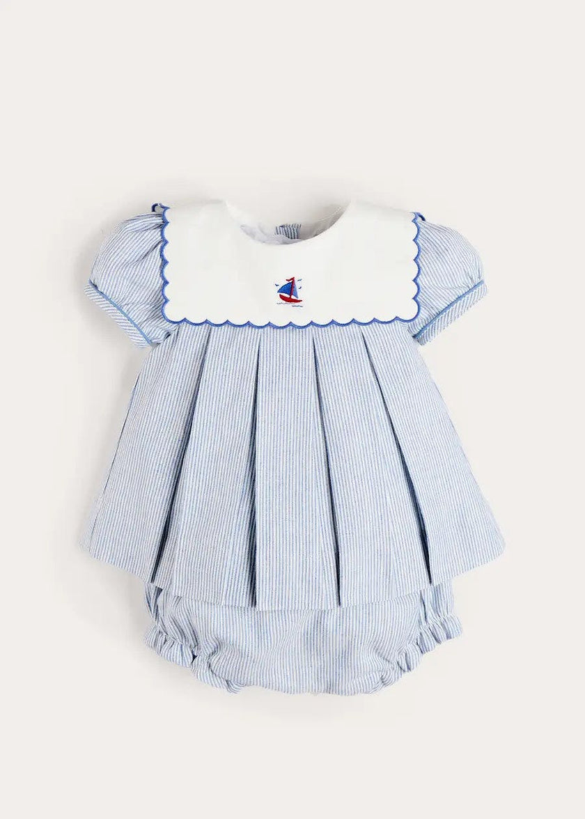 Alexander Stripe Mariner Collar Embroidered Boat Detail Dress with Bloomers in Blue (6mths-3yrs)