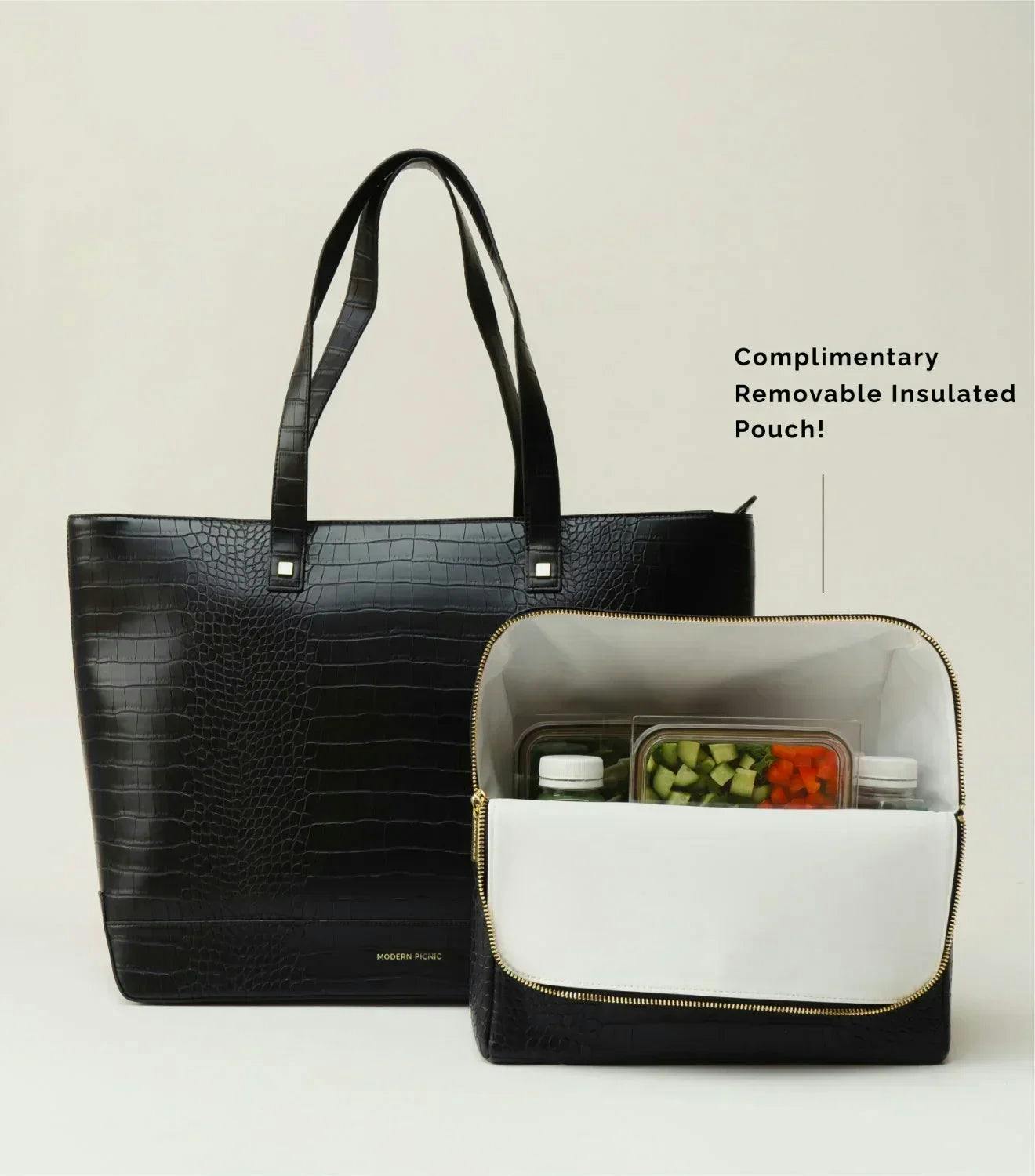 Vegan Leather Work Tote Bag with Removable Insulated Pouch, Black Croc
