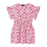 Girls Printed Jersey Dress W. Ruffle Sleeve | Pink Checker