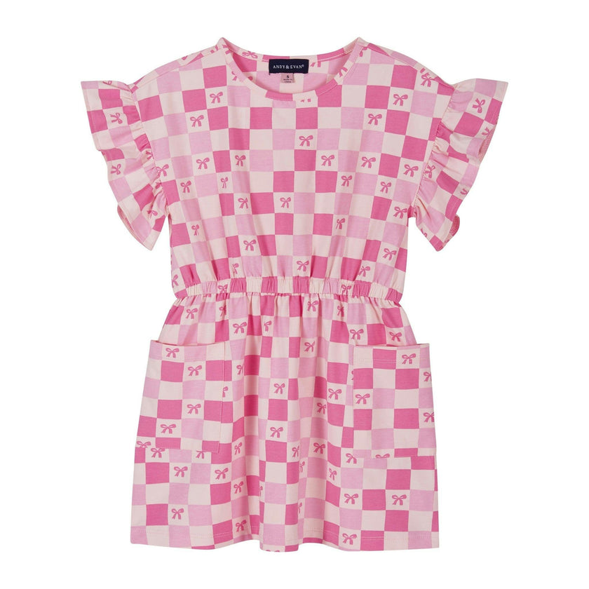 Girls Printed Jersey Dress W. Ruffle Sleeve | Pink Checker
