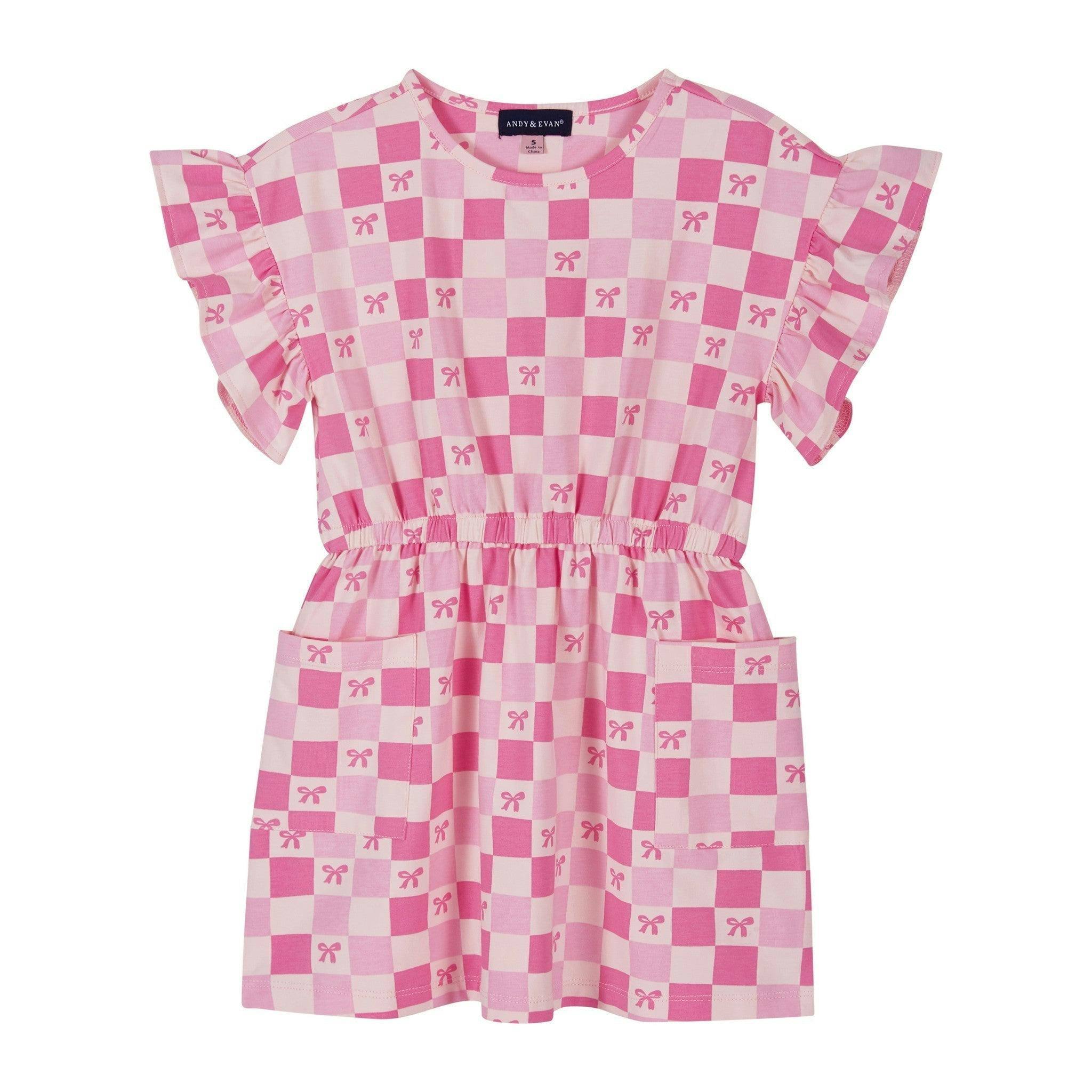 Girls Printed Jersey Dress W. Ruffle Sleeve | Pink Checker