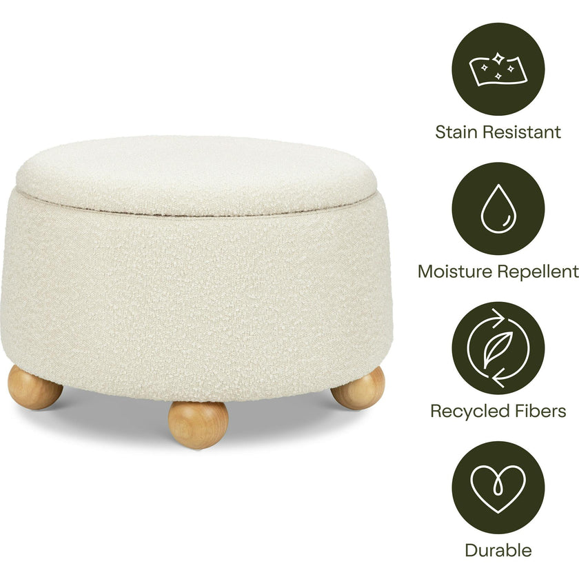 Tuffet Storage Ottoman in Performance Ivory Boucle with Honey Ball Feet