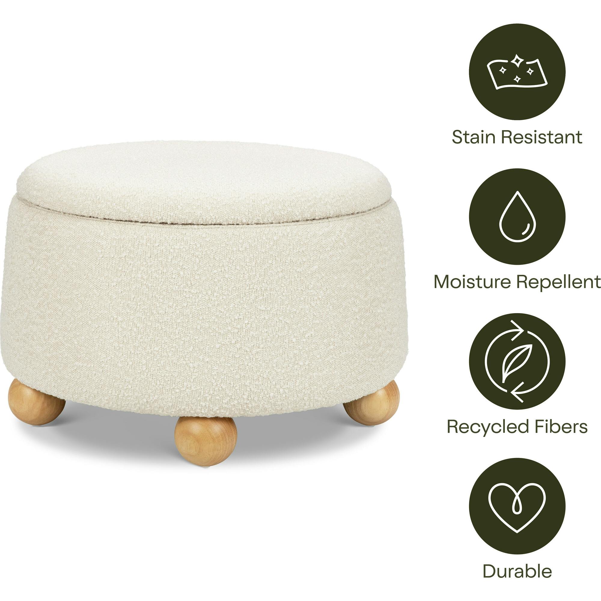 Tuffet Storage Ottoman in Performance Ivory Boucle with Honey Ball Feet
