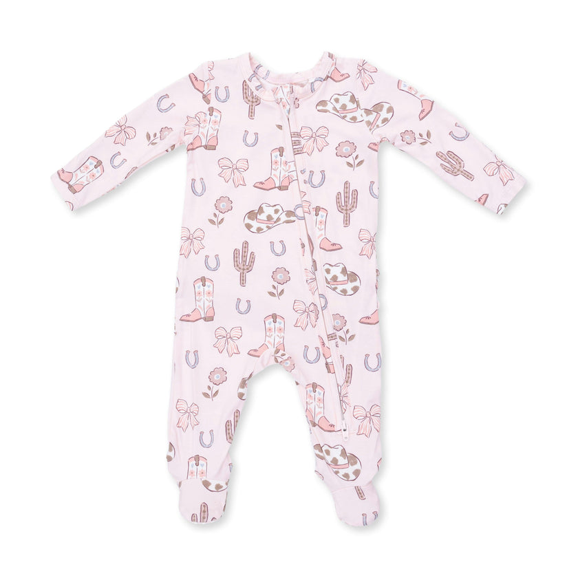 Cowgirl Boots and Bows - 2 Way Ruffle Back Zipper Footie