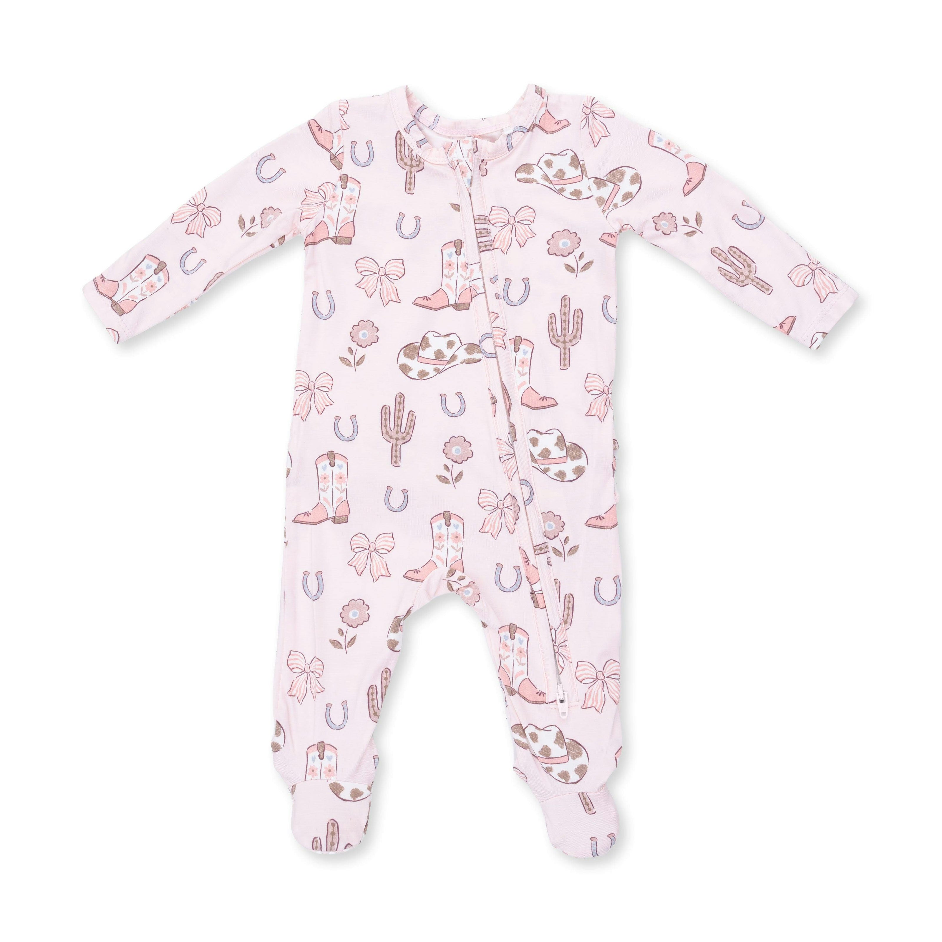 Cowgirl Boots and Bows - 2 Way Ruffle Back Zipper Footie