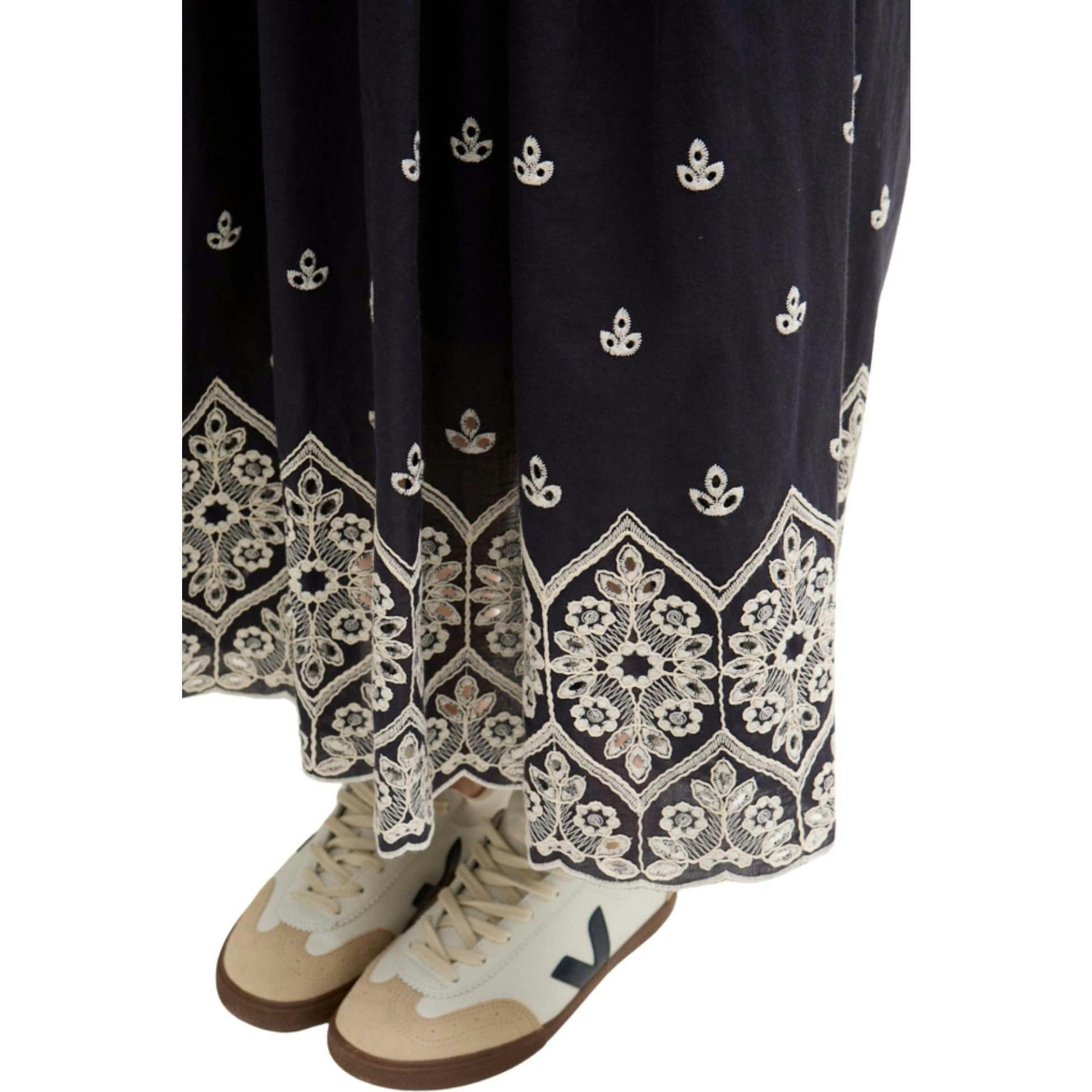 Cora Sleeveless Jersey Bodice Embroidered Midi Dress