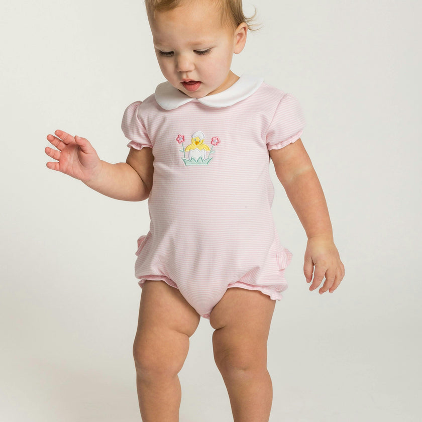 Stripe Knit Romper With Flowers & Chick