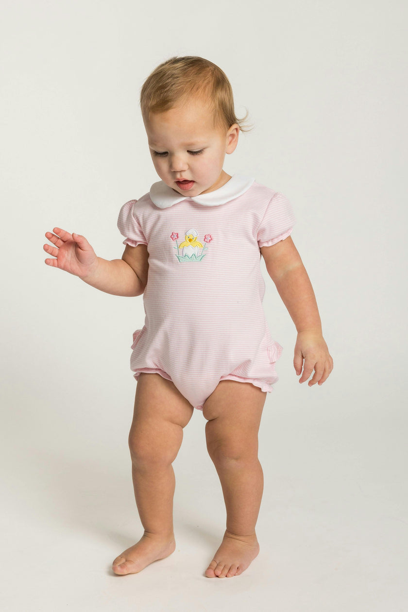 Stripe Knit Romper With Flowers & Chick
