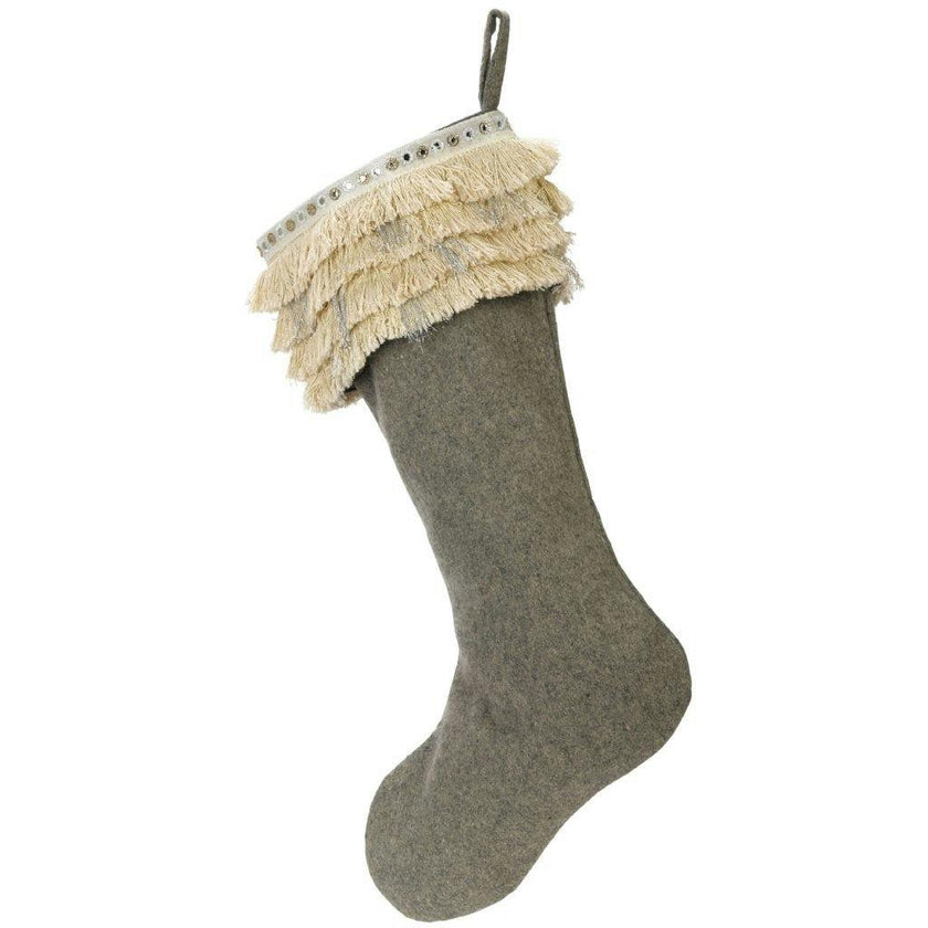 Handmade Wool Christmas Stocking - Fringe Gray Arcadia Home