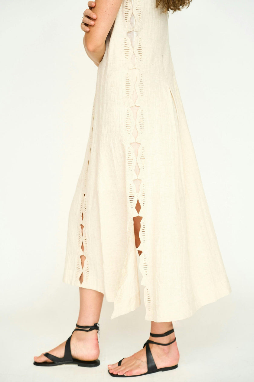 Barcelona Dress in Oat Marine Eyelet