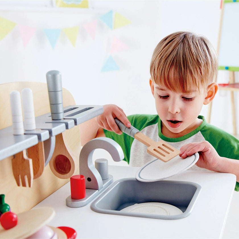 White Fully Equipped Wooden Gourmet Kitchen for Kid's