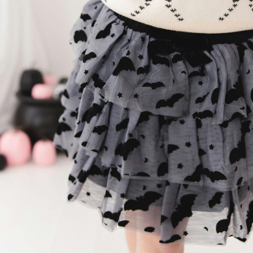 Flocked Bats Halloween Bow Tiered Tutu Skirt