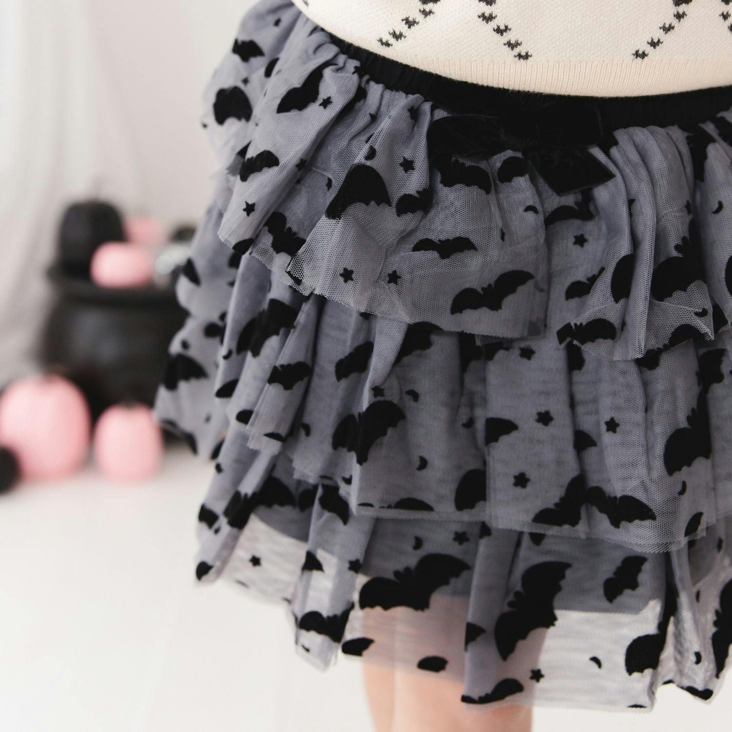 Flocked Bats Halloween Bow Tiered Tutu Skirt