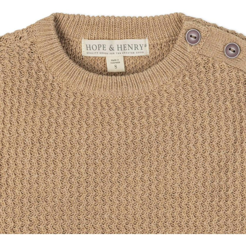 Organic Long Sleeve Crewneck Sweater with Buttons, Beige