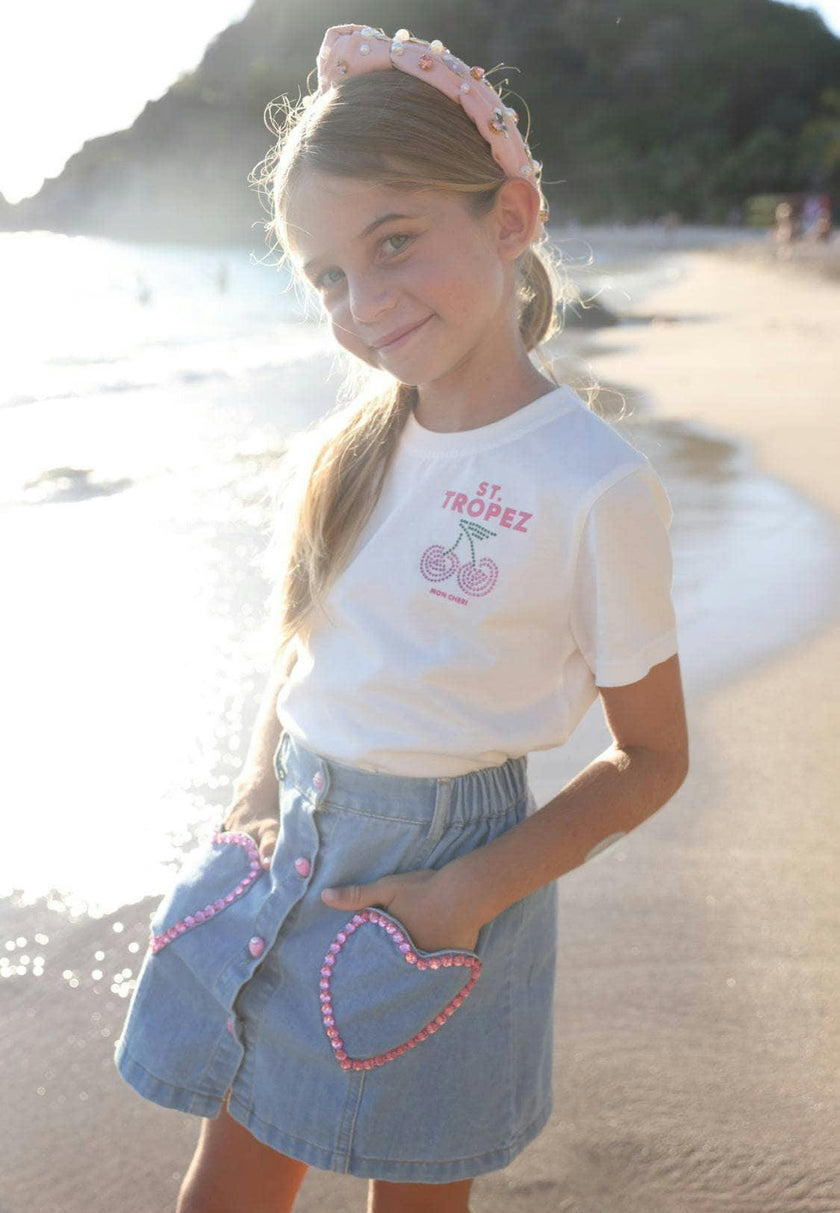 Pink Gem Hearts Denim Skirt