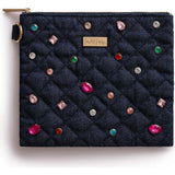 Packed Party Denim and Gems Bejeweled Everything Pouch - Quilted Denim with Multicolor Gemstones and Gold Zipper Pull, Spot Clean, 8.75x7.65 Inch