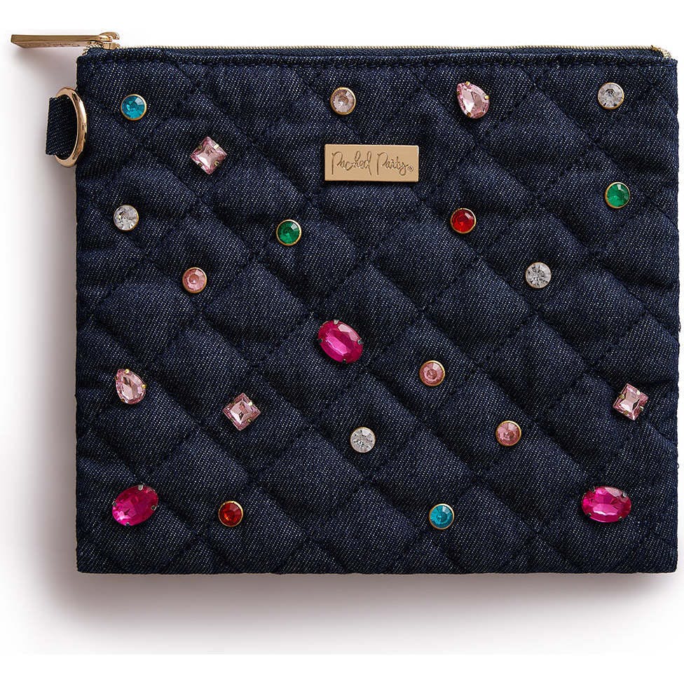 Packed Party Denim and Gems Bejeweled Everything Pouch - Quilted Denim with Multicolor Gemstones and Gold Zipper Pull, Spot Clean, 8.75x7.65 Inch