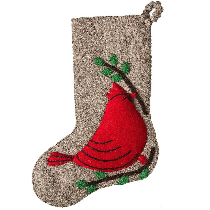 Cardinal Christmas Stocking Hand Felted Wool Gray