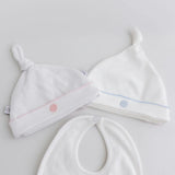 White Basic Pima Cotton Newborn Hat w/ blue monogram