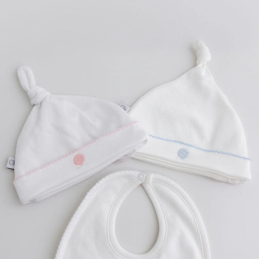 White Basic Pima Cotton Newborn Hat w/ blue monogram