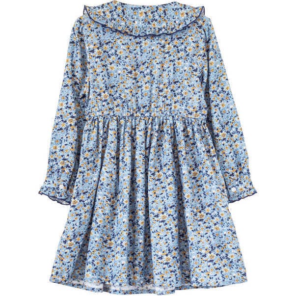 Girls Adelaide Velvet Tie Dress | Blue and Mustard Wildflowers