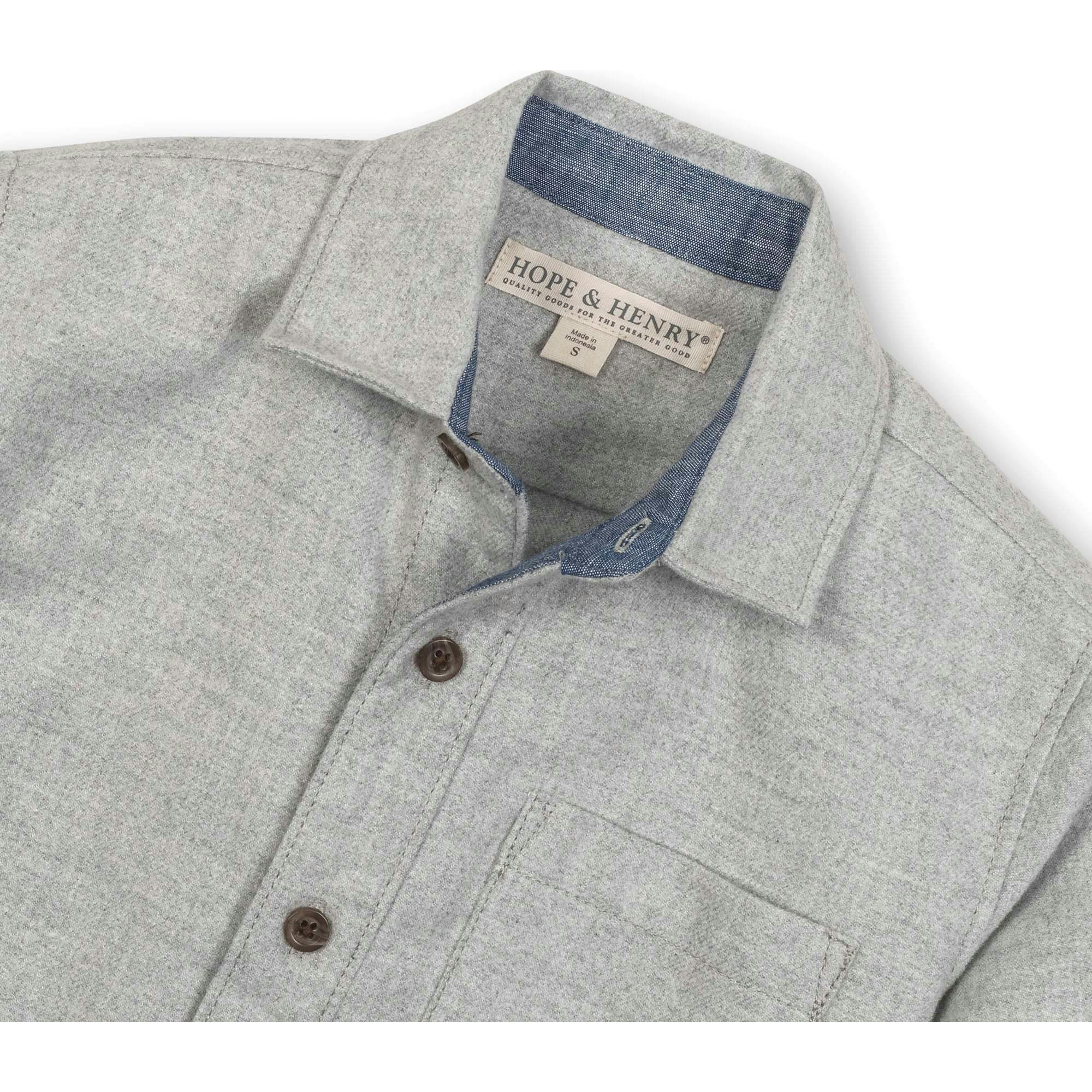 Organic Long Sleeve Flannel Button Down Shirt with Elbow Patches, Grey